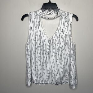 WAVERLY GREY Top Womens Small S White Geometric Print Double V-Neck Sleeveless